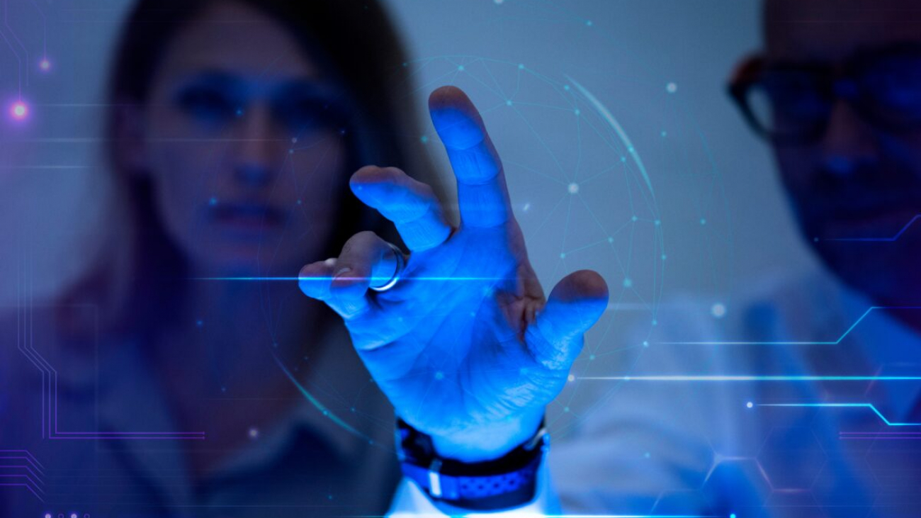 Man touching a virtual screen futuristic technology digital remix